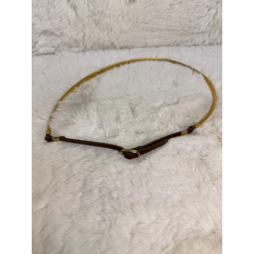 Vintage 1970's Gold Tone Snake Chain Belt Brown Leather‎ Retro Skinny Metallic